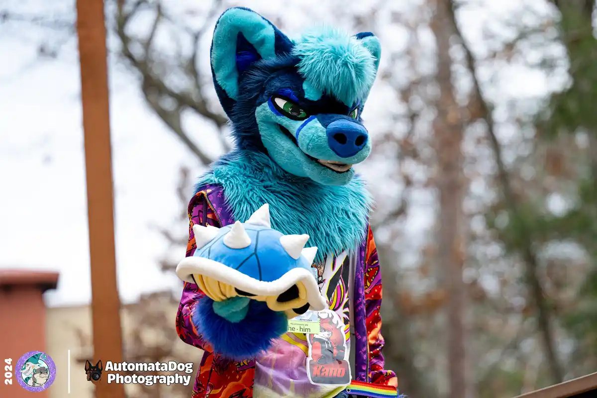 A person in a blue and teal fursuit resembling a wolf or canine character stands outdoors holding a blue and white plush…