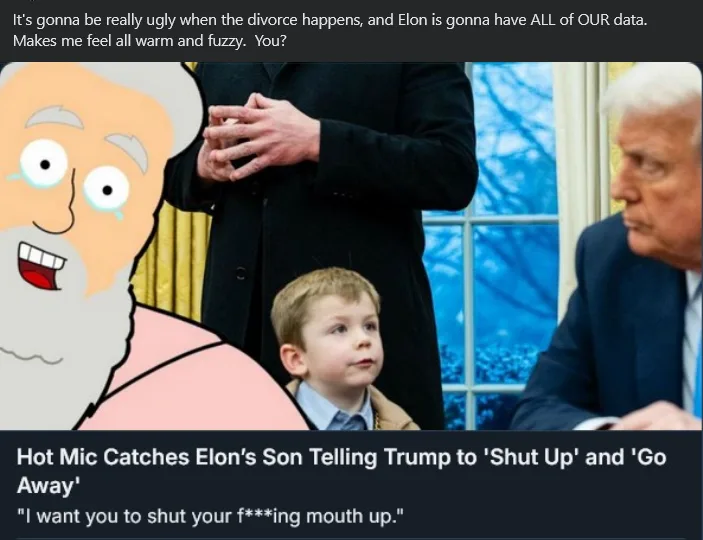 The image shows a composite of a cartoon character resembling Santa Claus with a tearful, smiling face, a young boy in a…