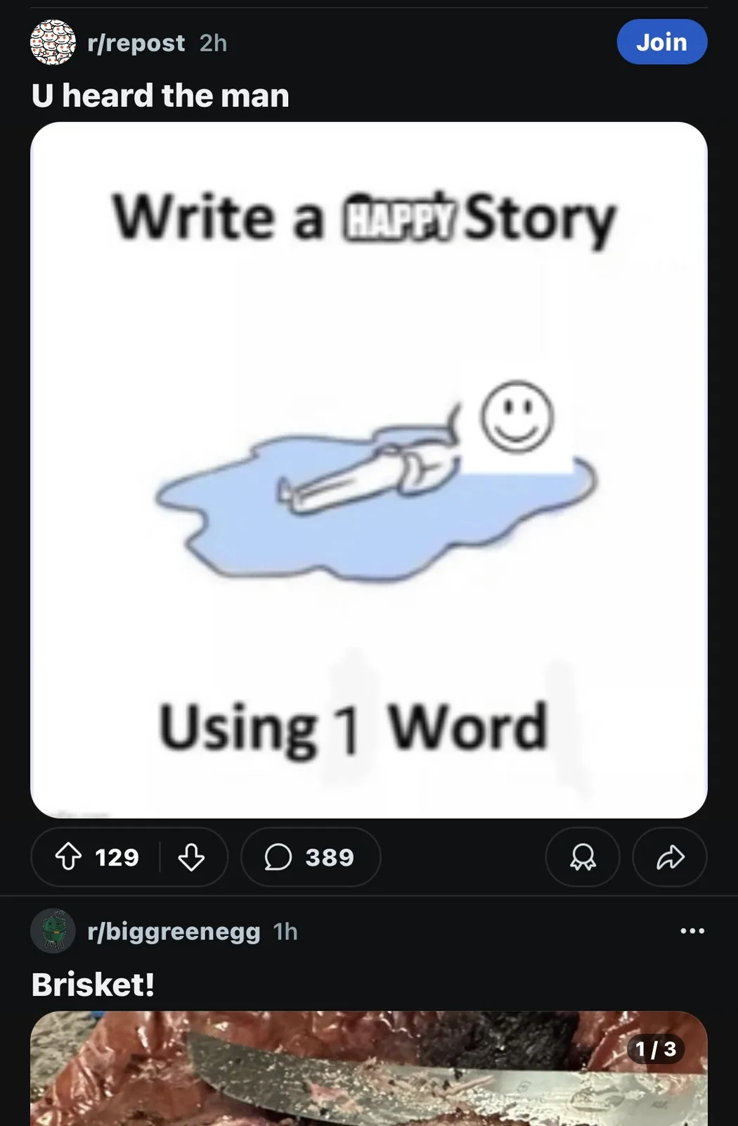 The image shows a meme template with the text 'Write a HAPPY Story Using 1 Word' above a simple drawing of a smiling stick…