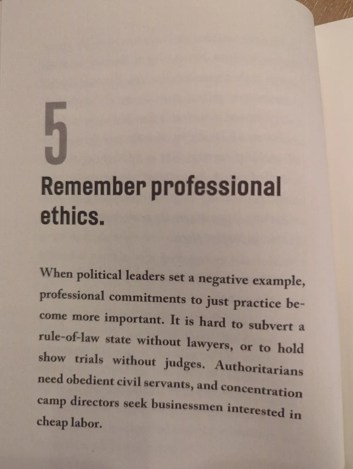 A close-up of a printed page from a book or manual, showing section 5 titled 'Remember professional ethics.' The text below…