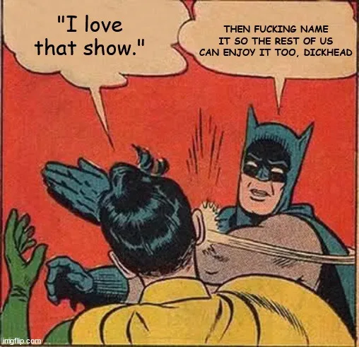 A vintage comic book panel shows Batman from behind, punching Robin in the back of the head. Batman's speech bubble says, 'I…