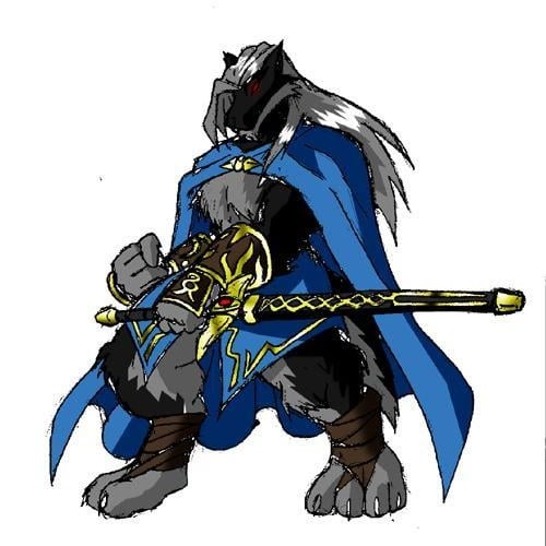 A cartoon wolf character with red eyes, wearing a blue cape and holding a sword, is depicted in a heroic pose. The overlaid…