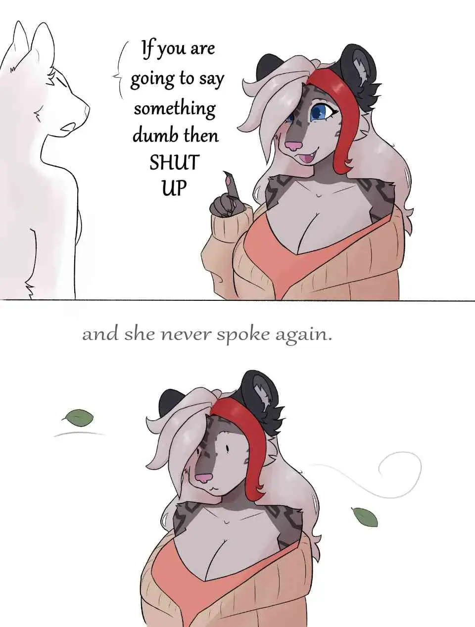 The top panel shows a confident anthropomorphic character with white and black fur, red hair, and tattoos pointing at…