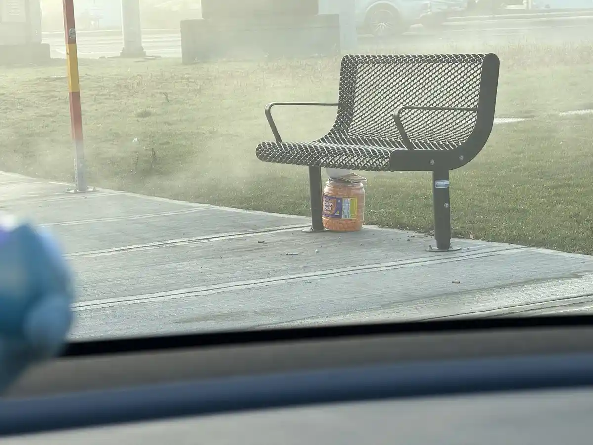 A photo taken from inside a car shows a metal mesh park bench with a large jar of orange cheese balls sitting on the ground…