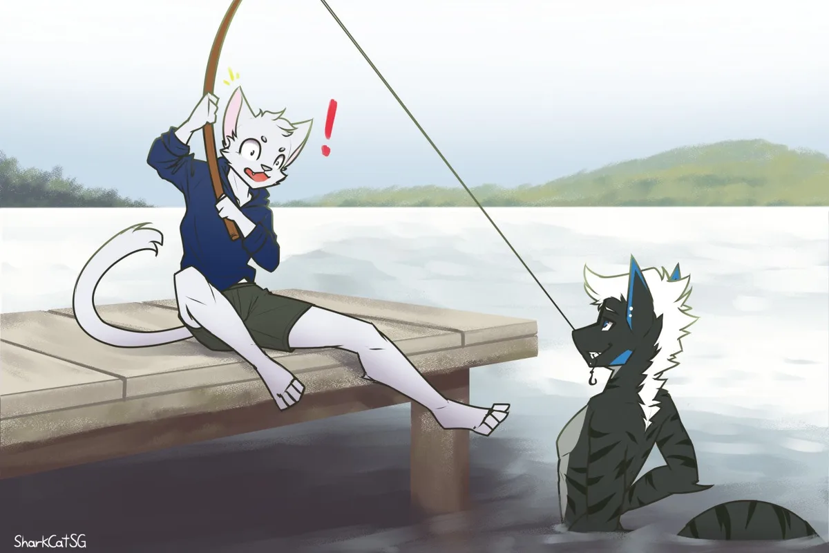 A white anthropomorphic cat in a blue shirt and shorts sits excitedly on a wooden dock, holding a fishing rod with a red…