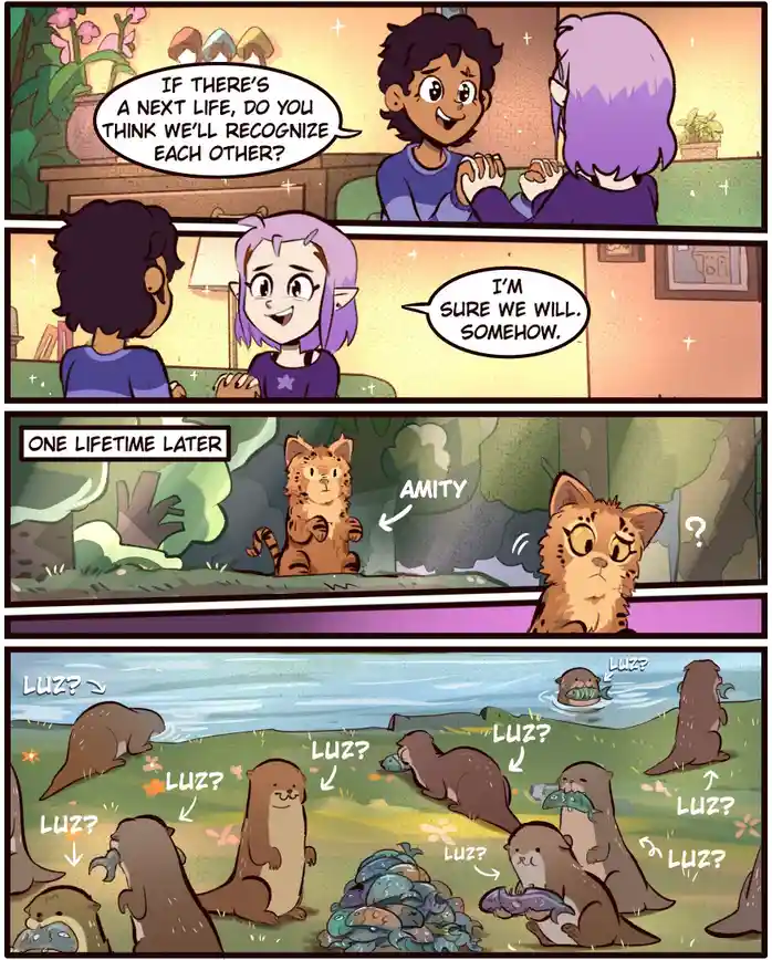A four-panel comic strip from 'The Owl House' shows two characters, Luz and Amity, talking about recognizing each other in a…