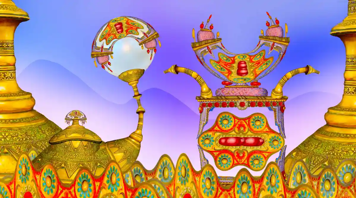 The image shows a fantastical, ornate scene with golden, jewel-encrusted structures resembling palace domes and a large…
