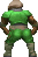 Six panels show a pixelated green-armored soldier from behind, standing in the same pose in five panels, then turning around…