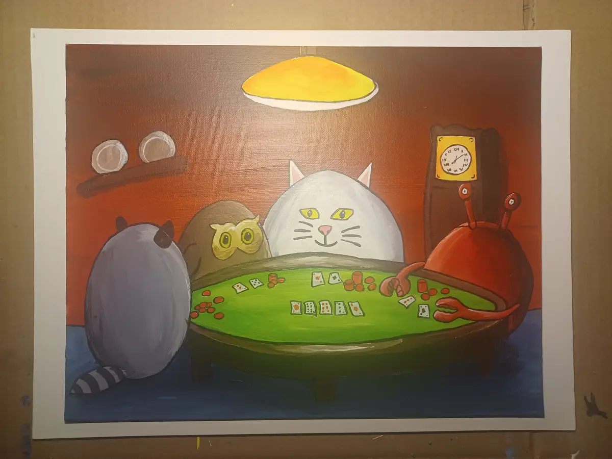 A hand-painted cartoon depicts four anthropomorphic animals— a raccoon, an owl, a white cat, and a red crab— gathered around…