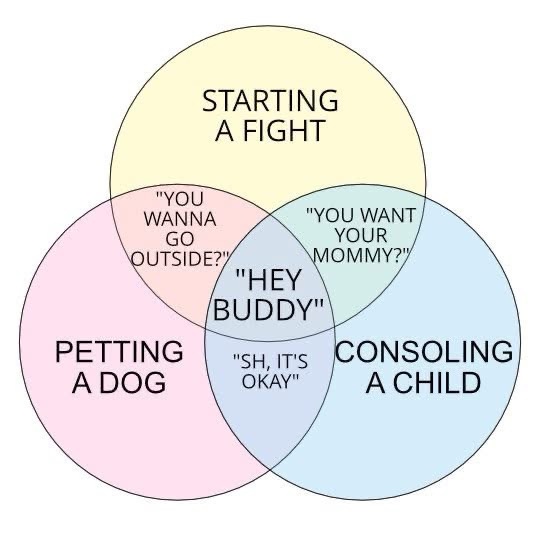 A venn diagram with three overlapping circles labeled 'Starting a Fight,' 'Petting a Dog,' and 'Consoling a Child.' The…
