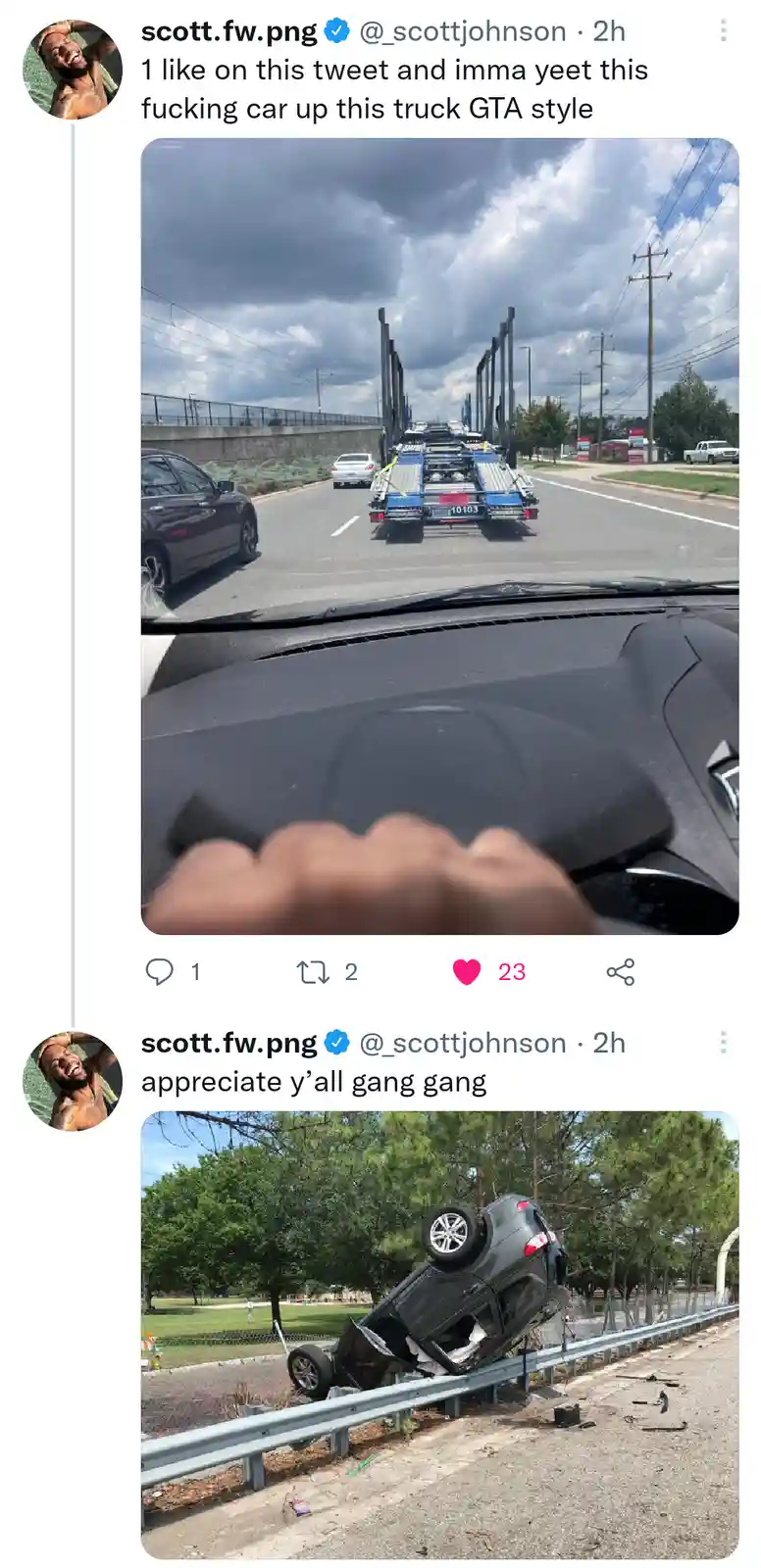 A screenshot of a tweet shows a driver's view from a car following a large blue car carrier truck on a road under a cloudy…