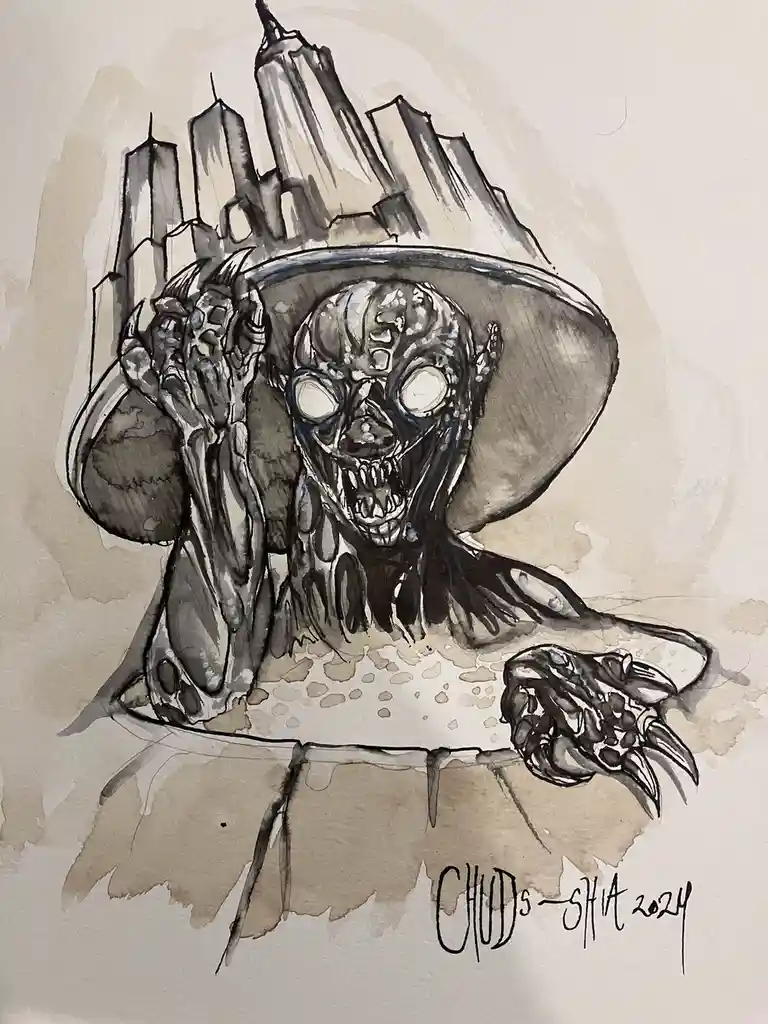 A watercolor and ink drawing depicts a grotesque, skeletal creature with glowing white eyes, sharp teeth, and clawed hands…