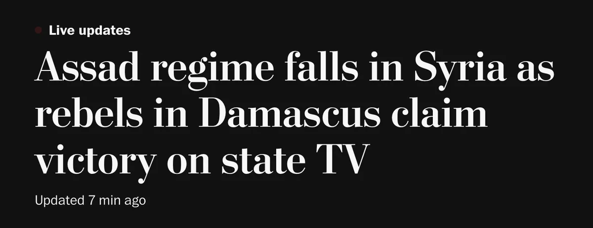 A black background displays white text mimicking a news headline, reading 'Assad regime falls in Syria as rebels in Damascus…