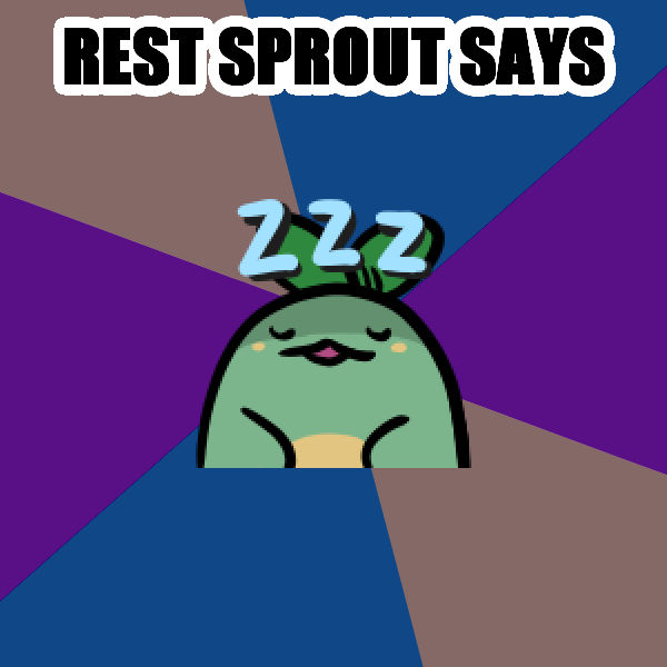 A cartoon sprout character with closed eyes and 'Zzz' above its head, indicating sleep, is centered on a colorful geometric…