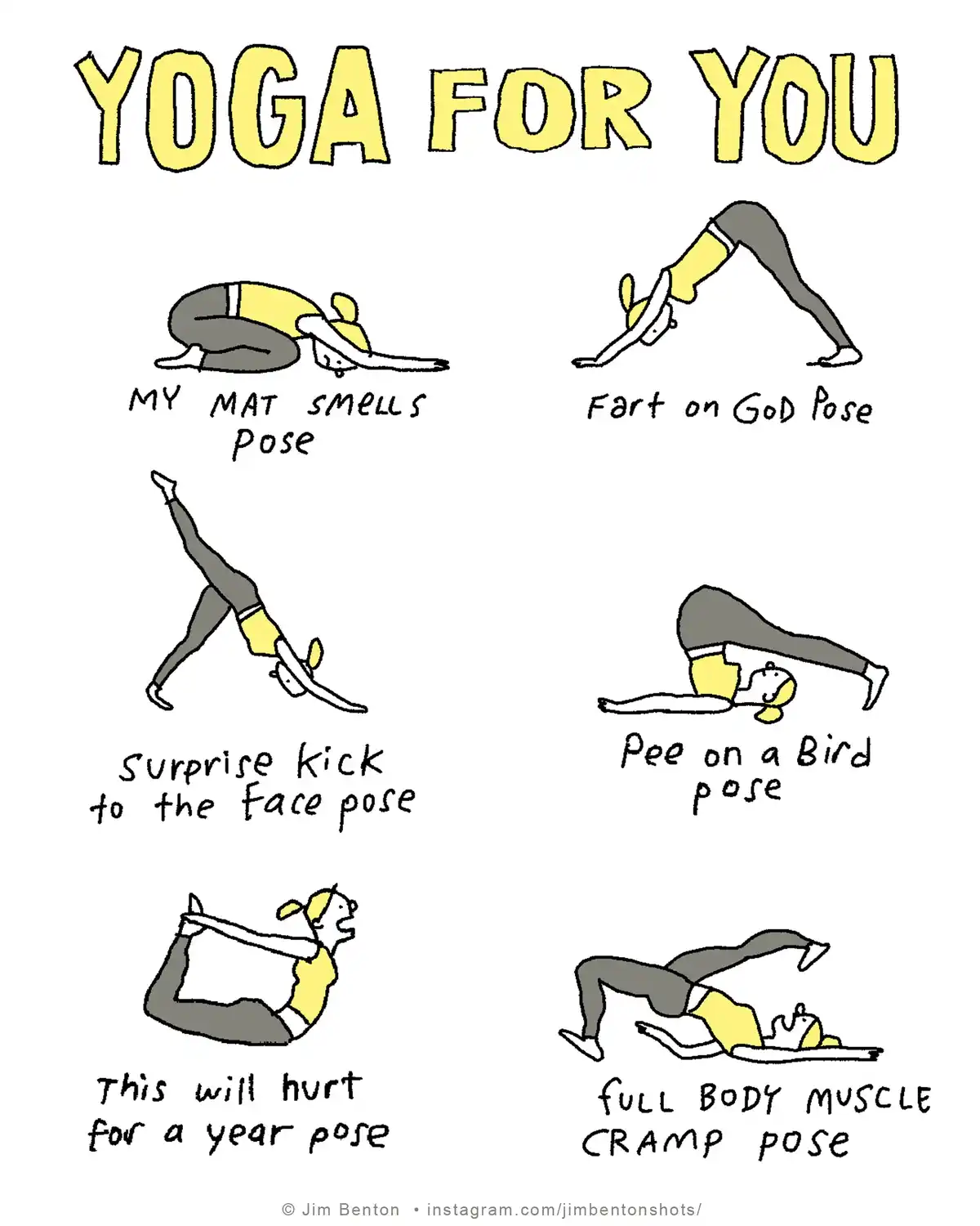 A hand-drawn comic titled 'YOGA FOR YOU' shows six cartoon figures in exaggerated yoga poses, each labeled with a humorous…