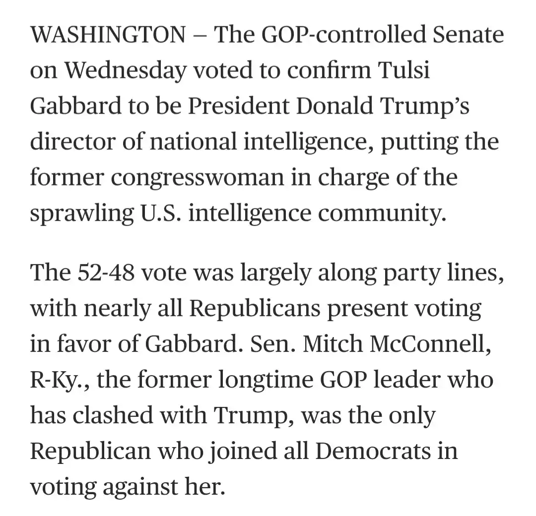 The image displays a newspaper article snippet with black text on a white background, detailing the Senate's confirmation of…