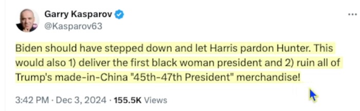 A screenshot of a tweet by Garry Kasparov shows a highlighted text block that reads: 'Biden should have stepped down and let…
