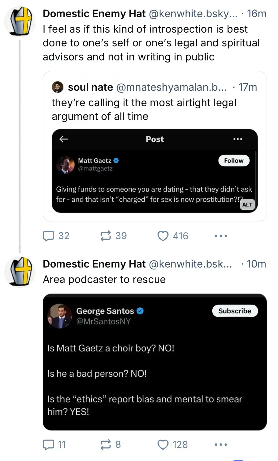 The image shows a screenshot of two Twitter threads. The first thread features a tweet from Matt Gaetz questioning if giving…