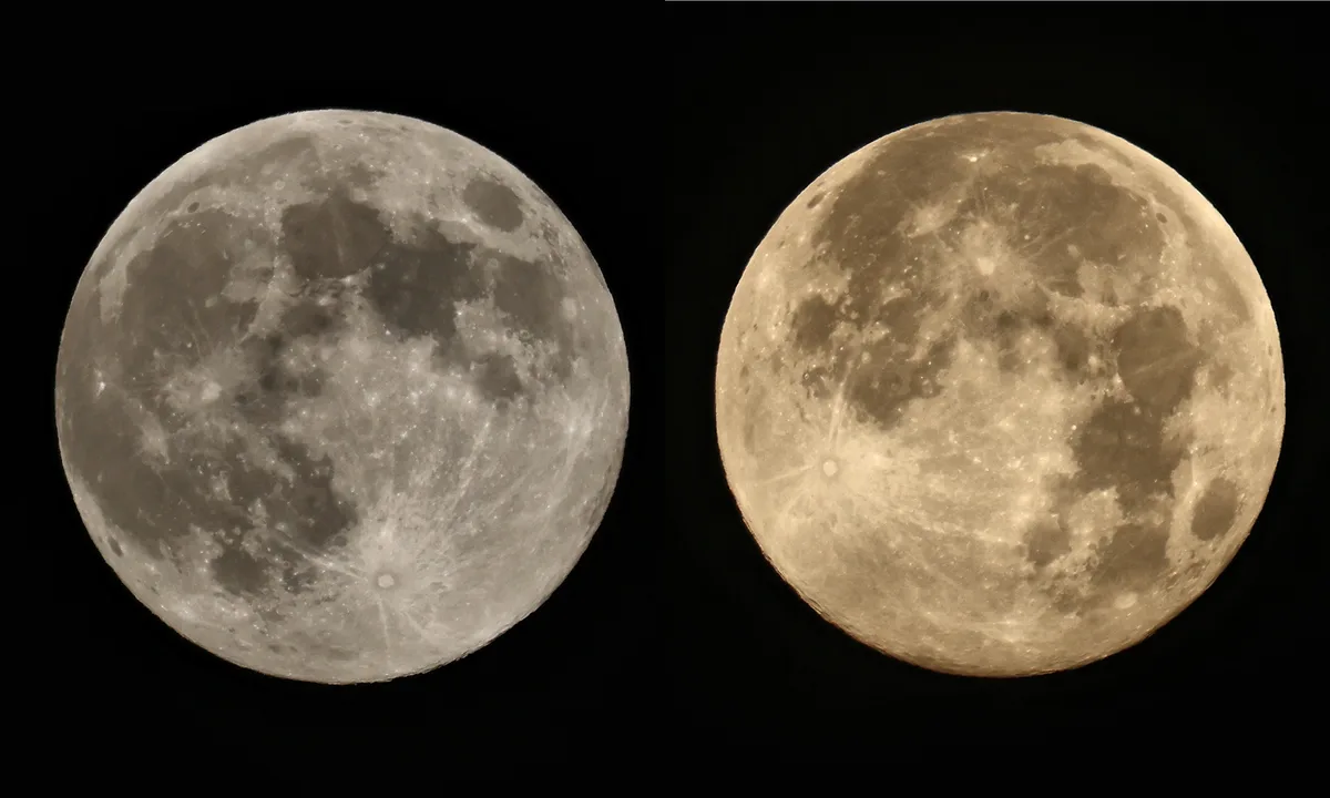 The image displays two side-by-side photographs of the full moon against a black background. The moon on the left appears in…