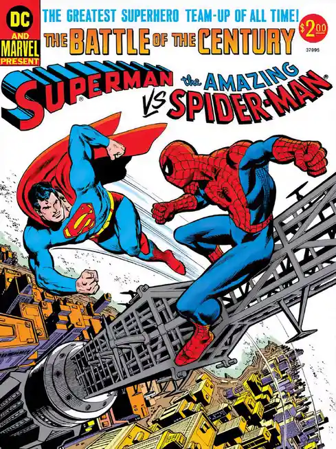 The cover of a vintage comic book shows Superman and Spider-Man in mid-air combat over a cityscape, with bold text…