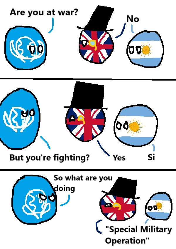 A three-panel comic featuring cartoon country balls: a blue UN ball, a red British ball wearing a top hat, and a…