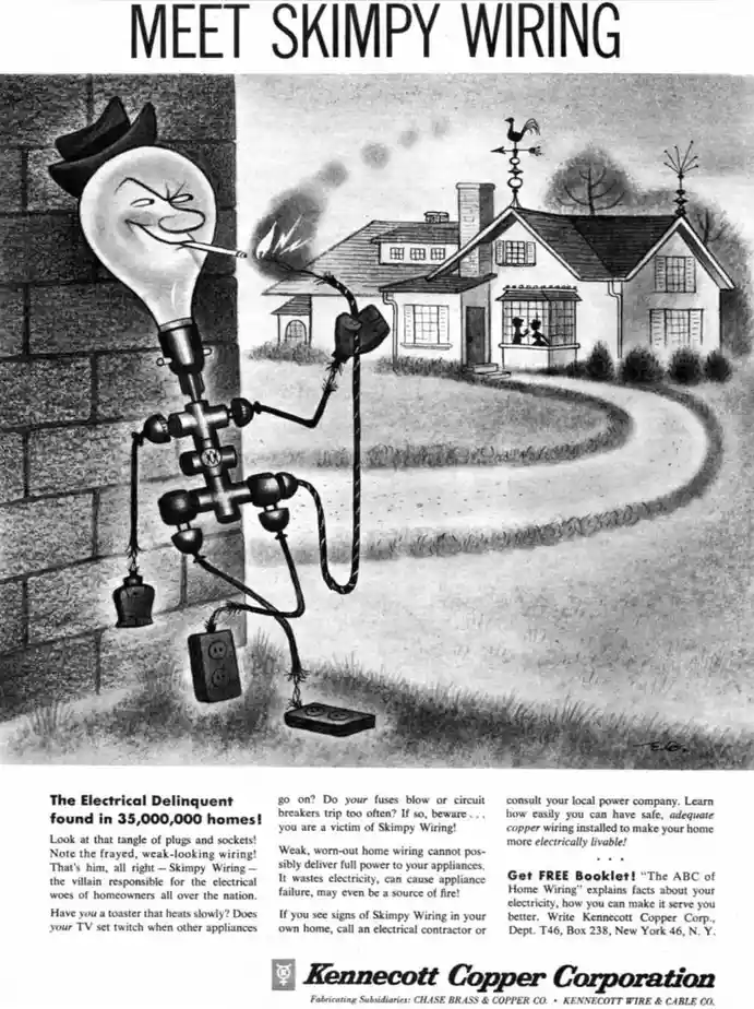 A vintage black-and-white advertisement depicts an anthropomorphic light bulb wearing a fedora and smoking a cigarette…