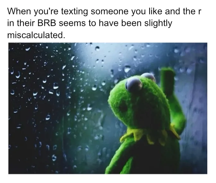 A green frog puppet, Kermit the Frog, looks sad and dejected while looking out a rain-streaked window. The overlaid text…