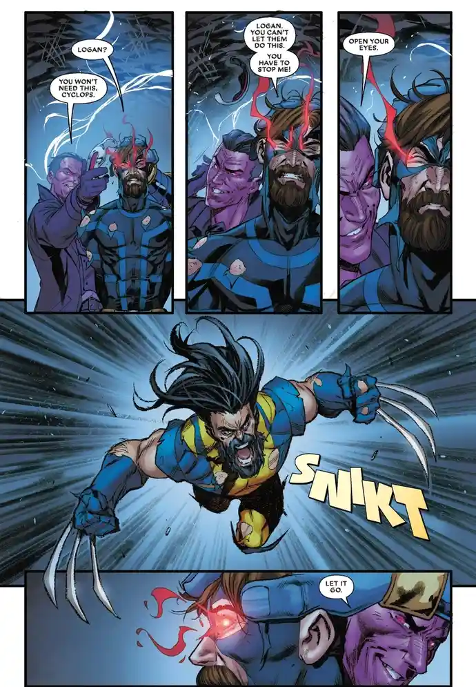 A comic book panel sequence shows Wolverine being urged by Cyclops to stop a procedure, but instead lunges forward with his…
