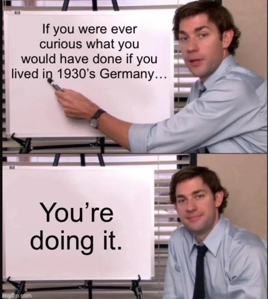 A two-panel meme featuring actor John Krasinski as Jim Halpert from The Office. In the top panel, he points to a whiteboard…