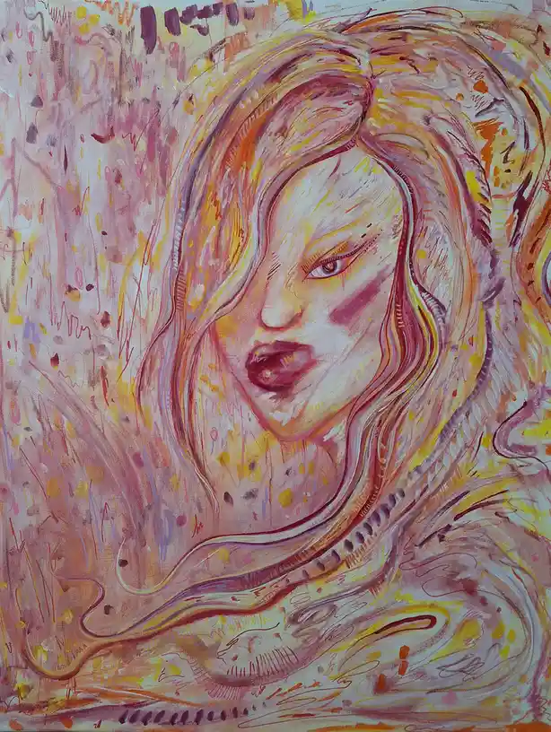 A vibrant, abstract painting depicts a woman's face with flowing, colorful hair rendered in swirling strokes of yellow…