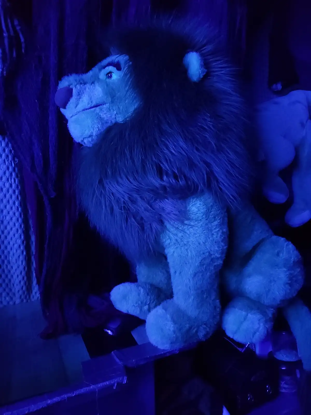 A large plush lion toy is bathed in blue light, sitting upright with a stern, slightly smug expression. The image is…