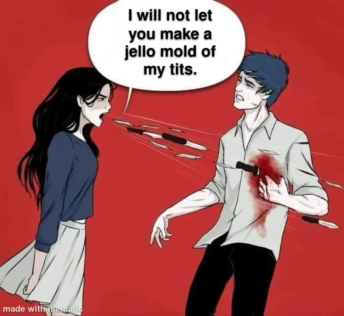 An anime-style illustration shows a woman yelling at a man while multiple knives fly toward him. The man is wounded in the…