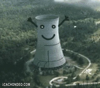 A six-panel image sequence shows a cooling tower being progressively drawn with cartoonish facial expressions and then…