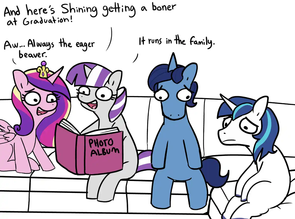 Four cartoon ponies sit on a couch; one reads a 'PHOTO ALBUM' while others react. Text overlays read: 'And here's Shining…