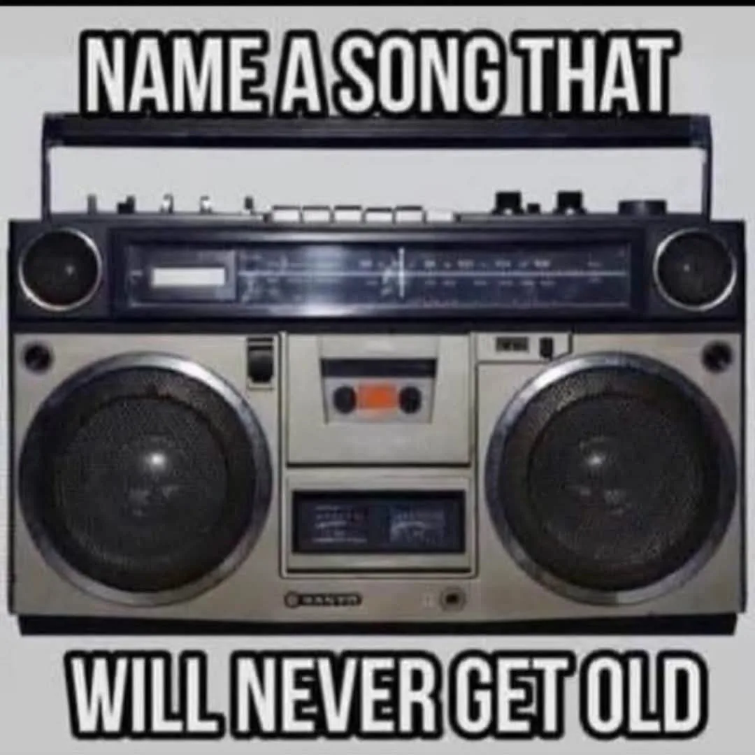 A vintage boombox with large speakers and cassette deck is shown against a plain background. Bold white text with black…