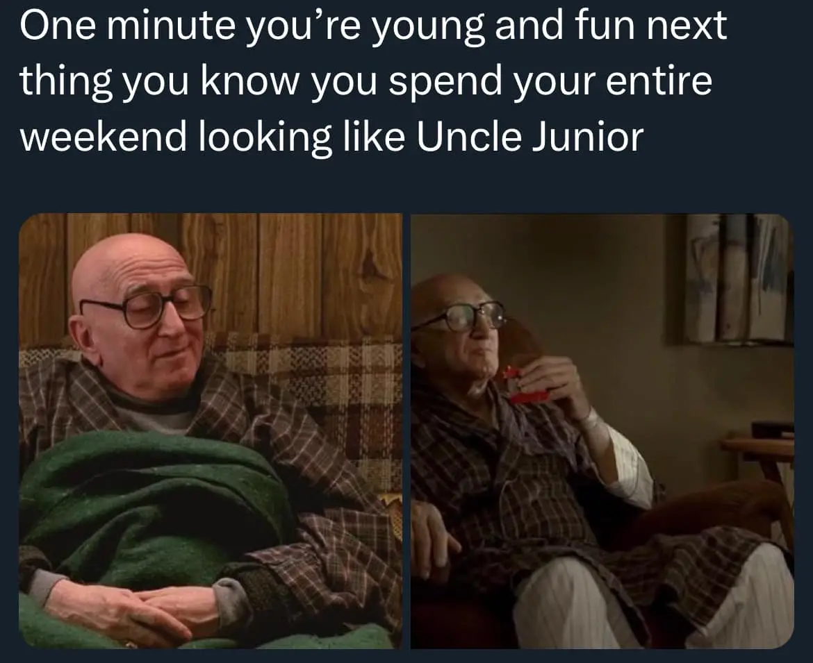 The image shows two side-by-side photos of the same bald, bespectacled man in plaid pajamas. In the left photo, he sits on a…