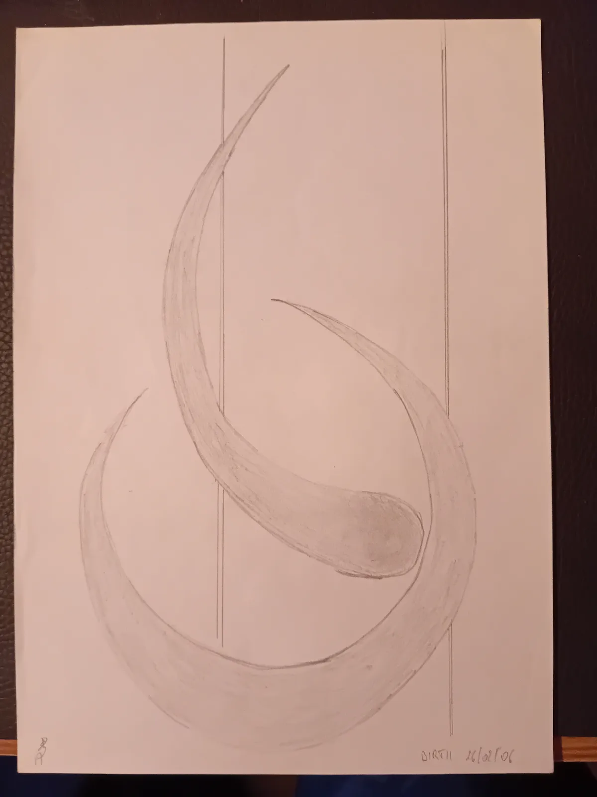 A pencil sketch on paper shows a stylized, swirling abstract shape resembling a crescent moon or a flame, with faint…