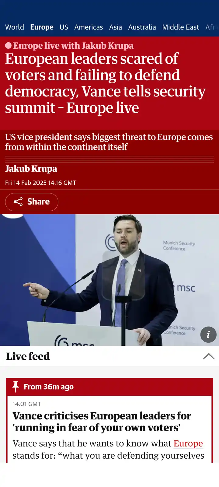 A screenshot of a news article shows US Vice President Vance speaking at the Munich Security Conference, criticizing…