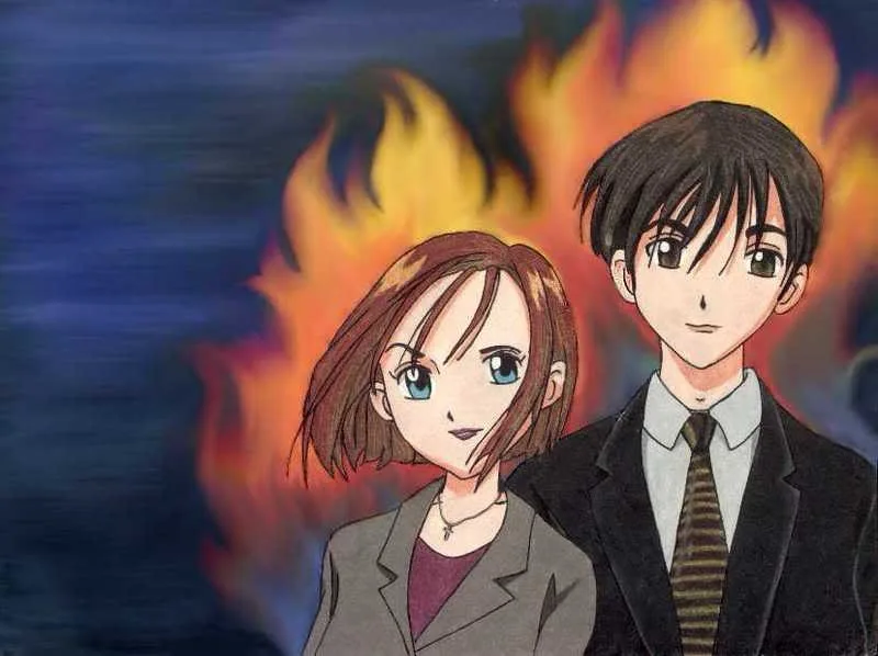 An anime-style illustration shows a young man and woman standing together against a backdrop of large, roaring flames. The…