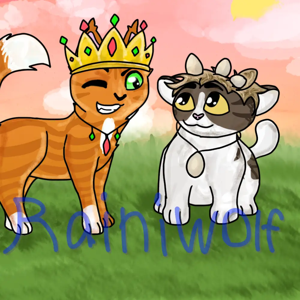 Two cartoon cats stand on grass under a pink sunset sky; the orange tabby on the left wears a jeweled crown and winks, while…