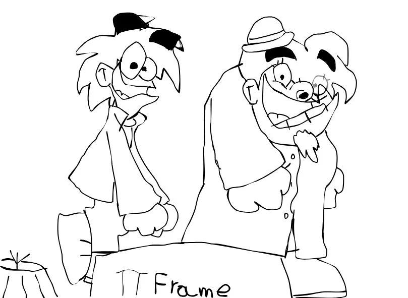 A black-and-white line drawing shows two cartoon characters standing behind a large sign that reads 'TT Frame'. The…