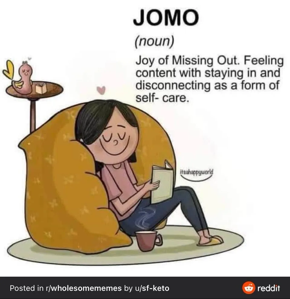 A cartoon woman sits happily in a large yellow beanbag chair, reading a book with a content smile. Beside her is a mug, and…