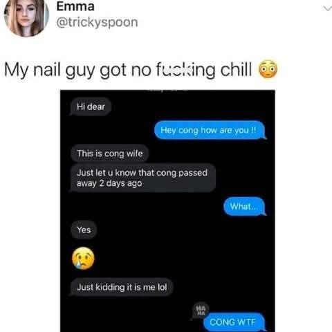 A screenshot of a text conversation where a person named 'Cong' sends a message to their 'Cong wife' saying 'Cong passed…