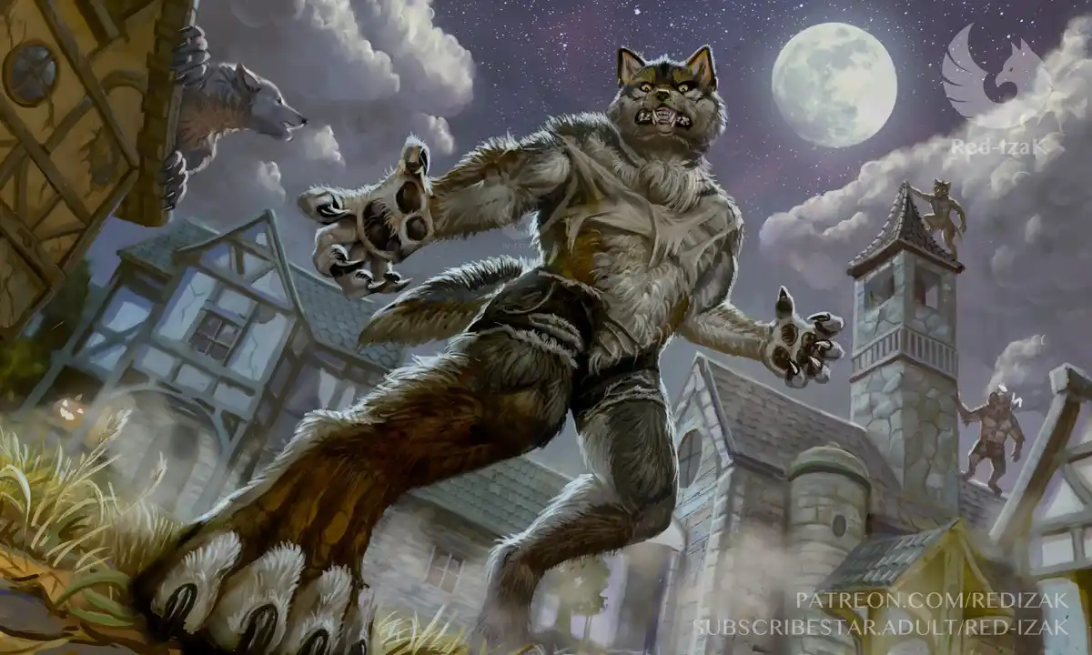 A large, muscular werewolf with glowing yellow eyes and sharp claws leaps through a moonlit village, surrounded by smaller…