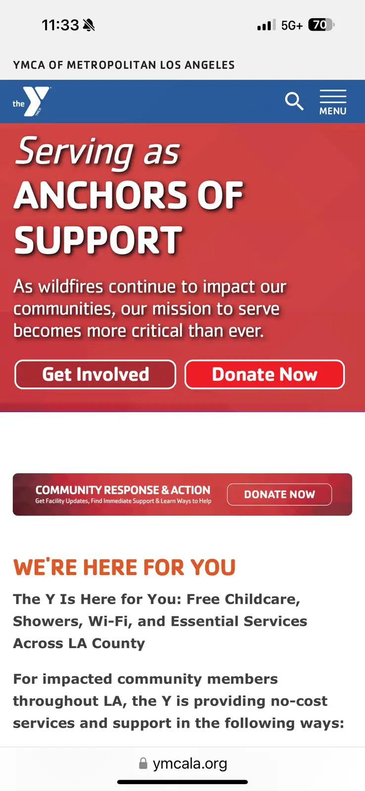 A screenshot of the YMCA of Metropolitan Los Angeles mobile website showing a red banner with the text 'Serving as ANCHORS…