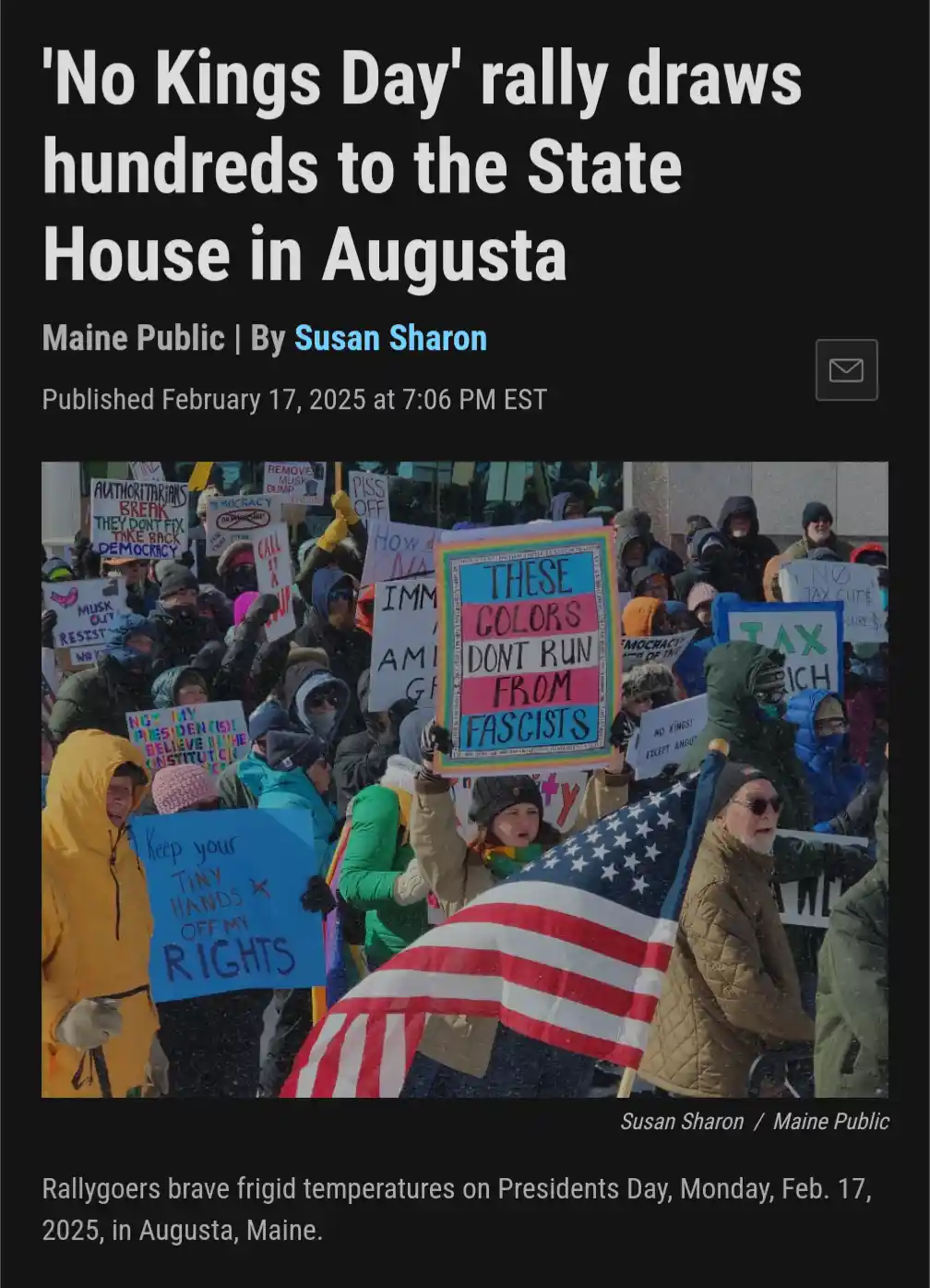 A news article screenshot shows a protest rally in Augusta, Maine, with dozens of people holding signs in cold weather. One…