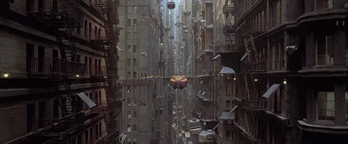 A sequence of images from the movie 'Blade Runner' shows futuristic police cars flying through narrow, towering city…