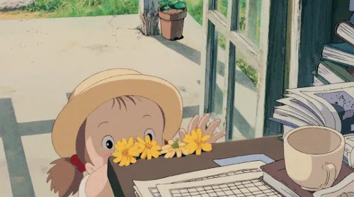 A six-panel GIF from the anime 'Kiki's Delivery Service' shows a young girl in a straw hat sitting at a desk with yellow…