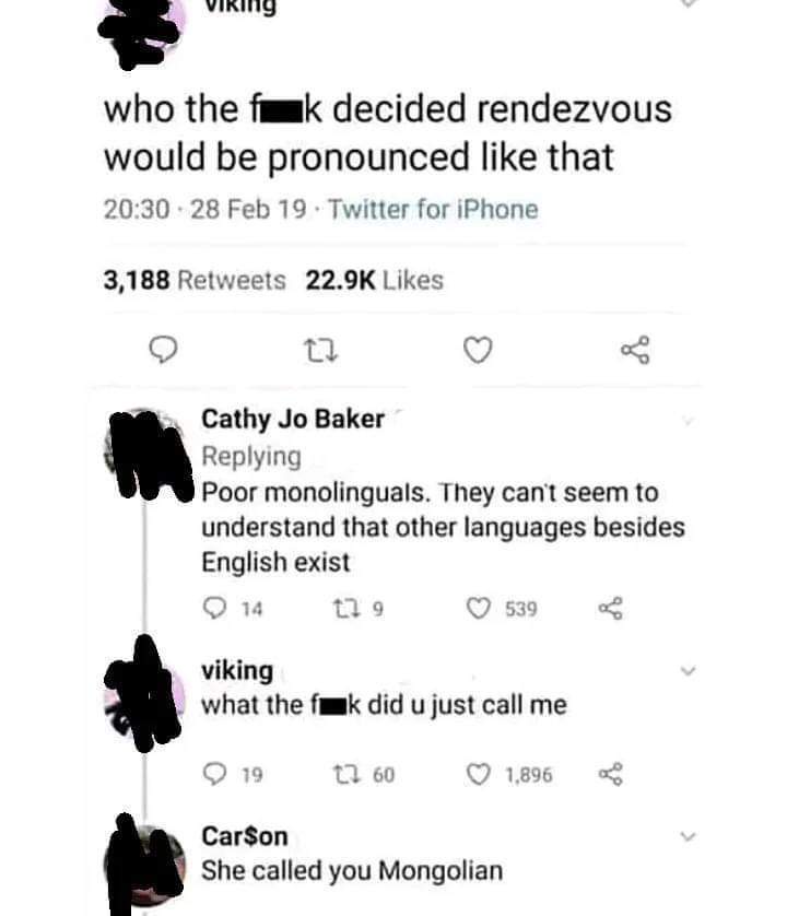 A screenshot of a Twitter thread shows a user named 'viking' complaining about the pronunciation of 'rendezvous'. A reply…