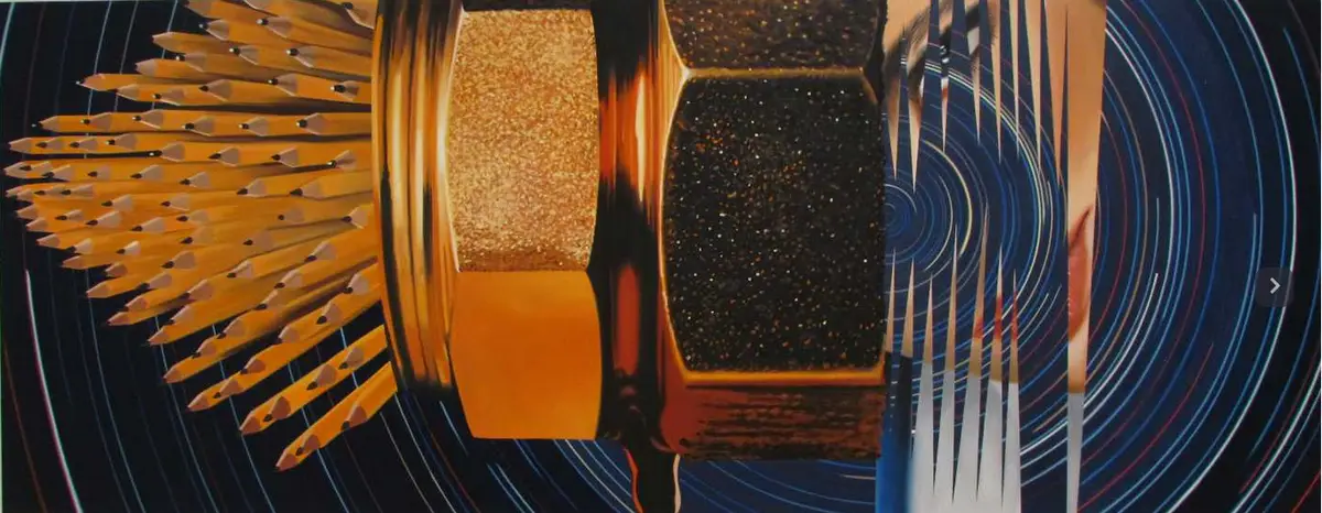 An abstract painting depicts a stylized pencil sharpener with yellow pencils radiating from its left side and a dark…